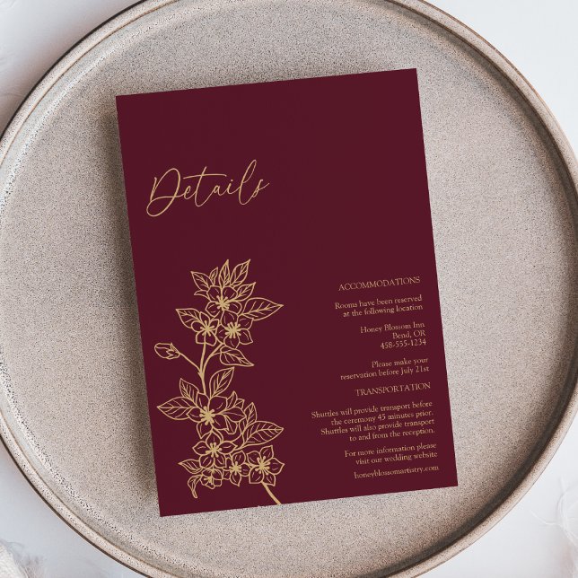 Details zu Burgundy Gold Floral Wedding Begleitkarte (Von Creator hochgeladen)