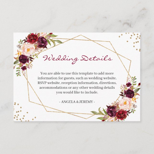 Details zu Burgundy Red Floral Gold Hochzeiten Begleitkarte (Vorderseite)