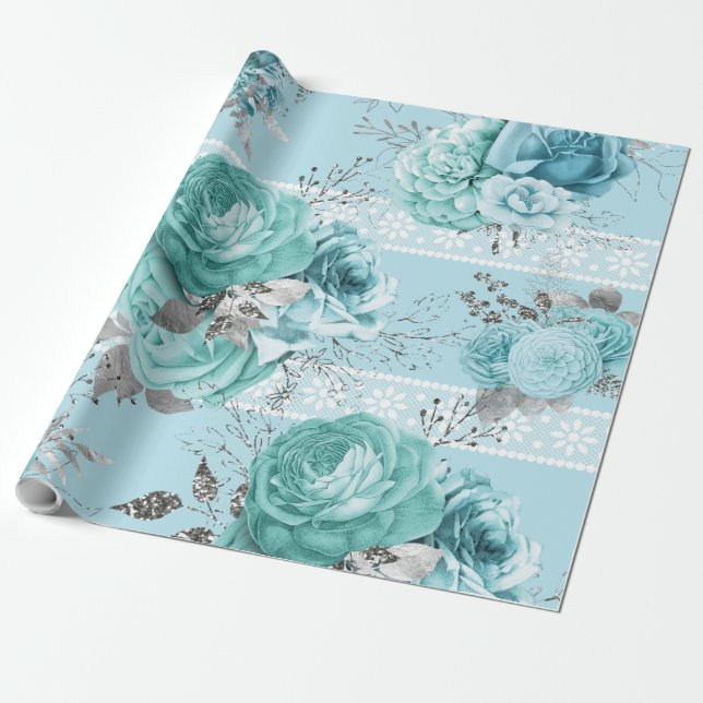 Details zu den blauen Rose Spitzen und Silber Geschenkpapier (Ungerollt)