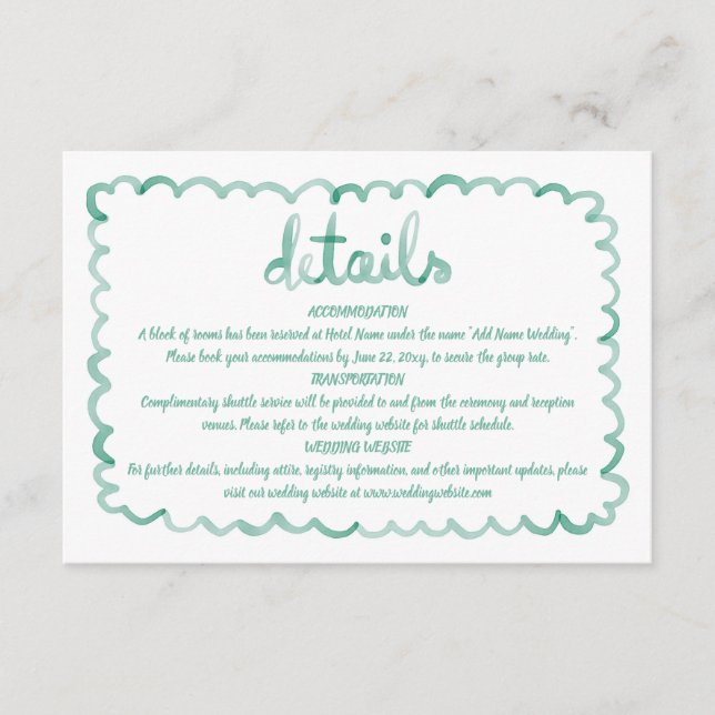 Details zu den handgezogenen, grünen Rahmen Begleitkarte (Vorderseite)