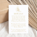 Details zu den Hochzeiten auf dem Moon and Stars Begleitkarte<br><div class="desc">Diese Hochzeitskarte,  die zur Koordination mit unserer Hochzeitskollektion Eleganter Botanischer Mond und Sterne konzipiert wurde,  zeigt die Goldlinie eines Mondes,  der mit Sternen und Blattwerk auf weißem Hintergrund verziert ist. Personalisieren Sie die Gold-Hochzeitsdetails-Karte mit wichtigen Informationen wie Hotel-Unterkunft,  Transport,  Empfang-Details,  Hochzeitswebsite,  und vieles mehr!</div>