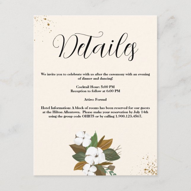 Details zu den Hochzeiten in Braun und Creme Begleitkarte (Vorderseite)