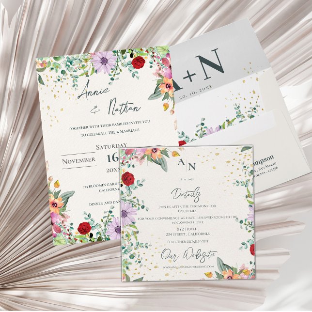 Details zu den Hochzeiten in Monogram-Wildblume Begleitkarte (Elegant Wildflower Monogram Floral Wedding Details Enclosure Card)