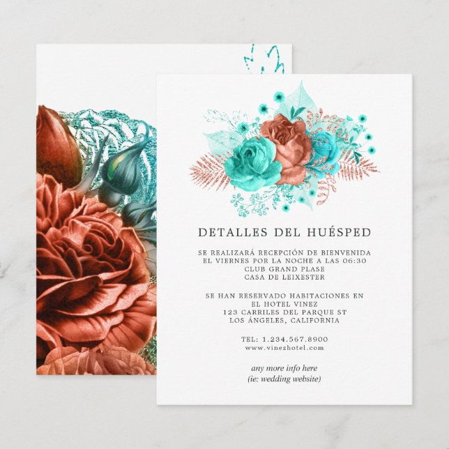 Details zu den Hochzeitsgästen in Spanisch Türkis  Begleitkarte (Vorne/Hinten)
