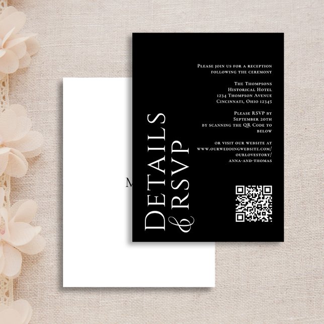 Details zu den UAWG für den QR-Code in Schwarz und Begleitkarte (Simple modern black and white details and RSVP online enclosure card. )