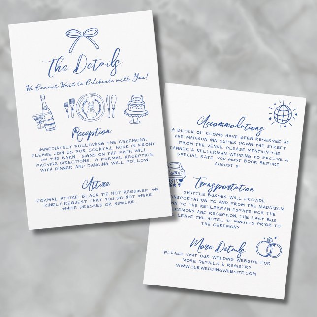 Details zu handgezeichneten blauen Flüstern Begleitkarte (Hand Drawn Blue Whimsical Wedding Details Enclosure Card)