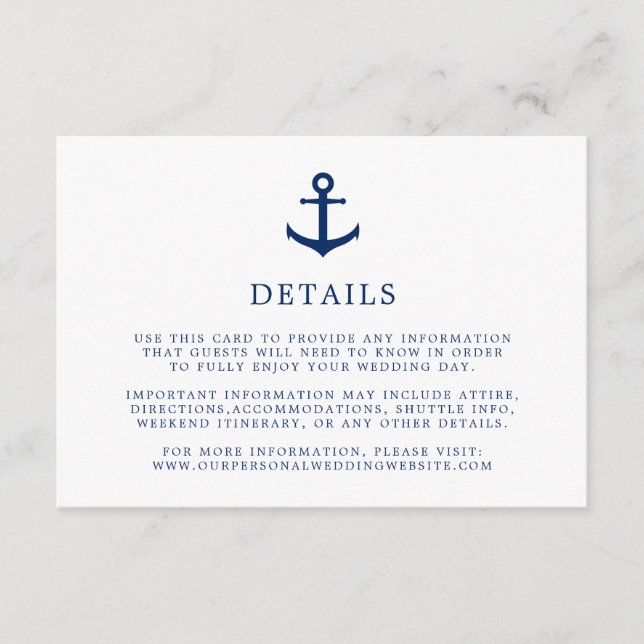Details zu Hochzeiten in elegantem Nautical Navy Begleitkarte (Vorderseite)