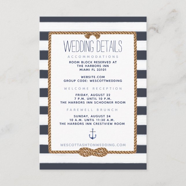 Details zu Hochzeiten von Navy und White Nautical Begleitkarte (Vorderseite)
