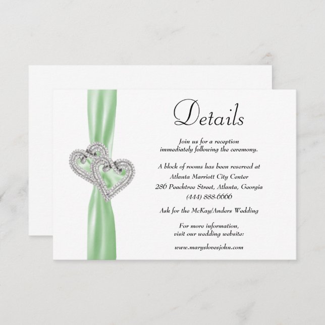 Details zu Hochzeitsarbeiten mit grünen Ribbbon au Begleitkarte (Vorne/Hinten)