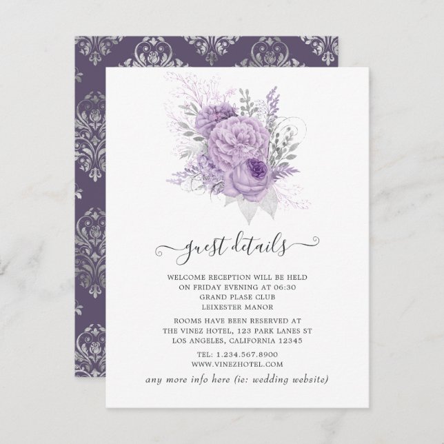 Details zu Lavender und Silver Floral Wedding Begleitkarte (Vorne/Hinten)