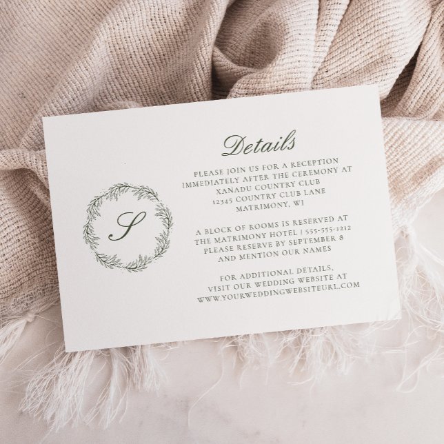 Details zu Mongram Script Wreath Olive Green Weddi Begleitkarte (Von Creator hochgeladen)