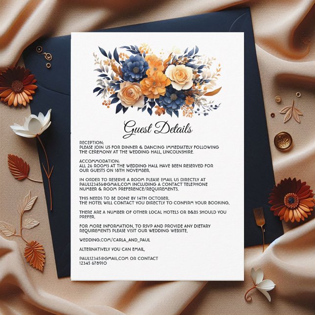 Details zu Navy Blue, Burnt Orange & Champagne Begleitkarte (Navy Blue, Burnt Orange and Champagne Guest Details Enclosure Card)