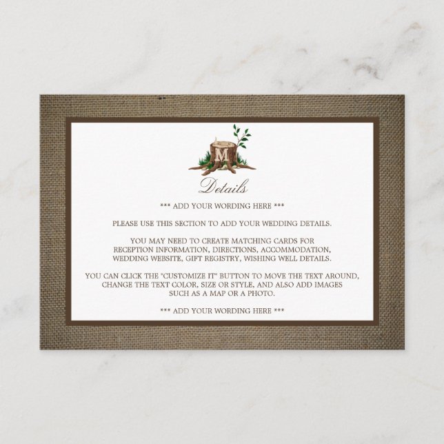 Details zu Rustikalen Monogram-Tree und Burlap-Hoc Begleitkarte (Vorderseite)
