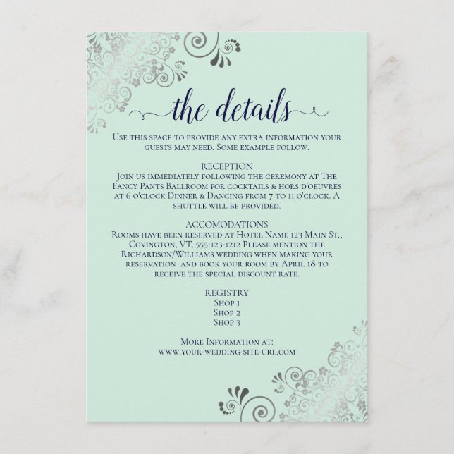 Details zu Silver Frills Mint Green & Navy Hochzei Begleitkarte (Vorderseite)