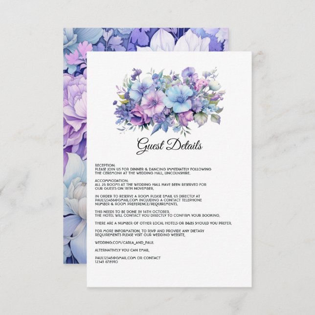 Details zu Silver, Icy Blue und Lilac Wedding Begleitkarte (Vorne/Hinten)