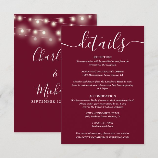 Details zu String Lights Burgundy Wedding Begleitkarte (Vorne/Hinten)
