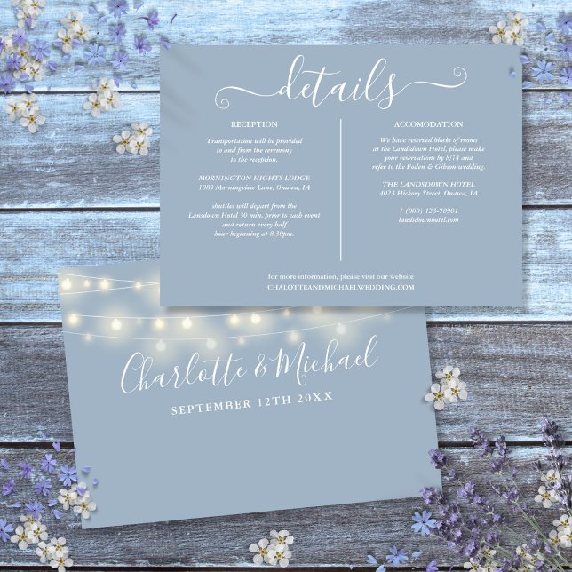 Details zu String Lights Dusty Blue Wedding Einladung (String Lights Dusty Blue Wedding Details Info Invitation)