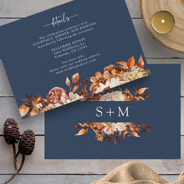 Details zum blauen Herbst Begleitkarte (Navy Blue Autumn Details Enclosure Card Monogram on Back by Painted Paperie
)