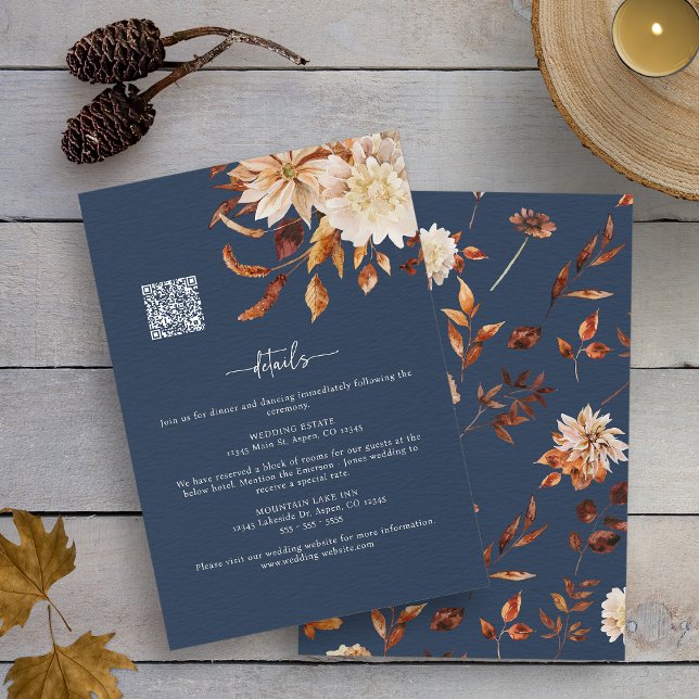 Details zum Fall von Navy Begleitkarte (Watercolor Navy Blue Autumn Floral Details Enclosure Card with QR Code by Painted Paperie
)