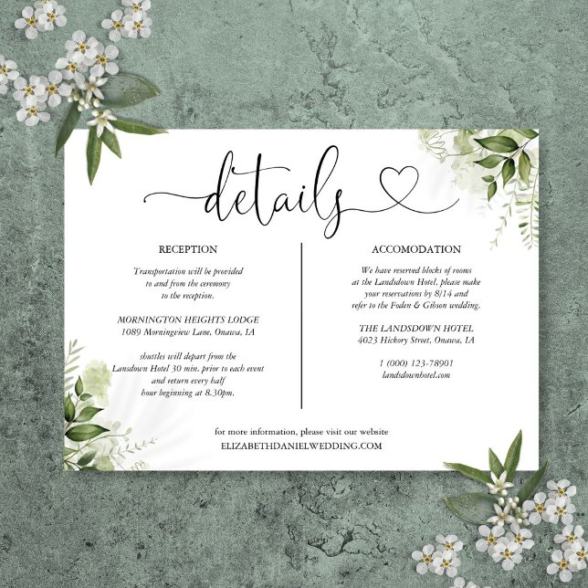 Details zum grünen Herz Skript Einladung (Greenery Heart Script Wedding Details Card)