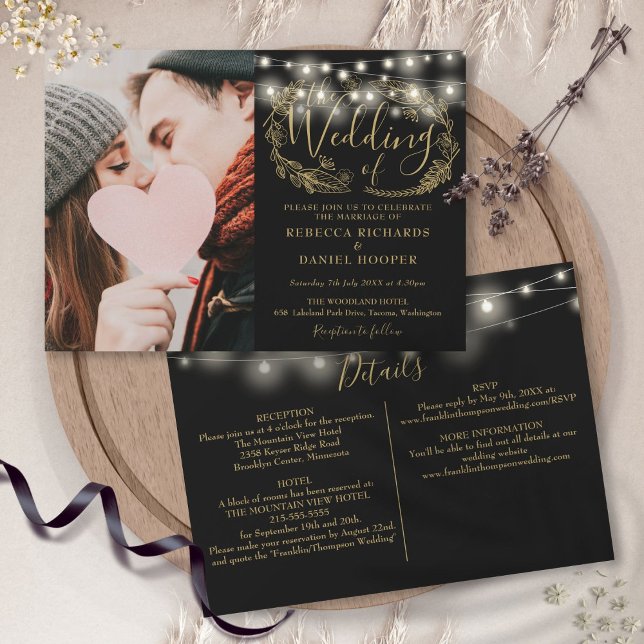 Details zum Hochzeitsgrad von String Lights Gold F Einladung (String Lights Gold Foliage Photo Wedding Details Invitation)