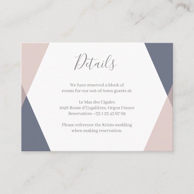 Details zum Hochzeitshotel Navy Blush Pink Geometr Begleitkarte (Vorderseite)