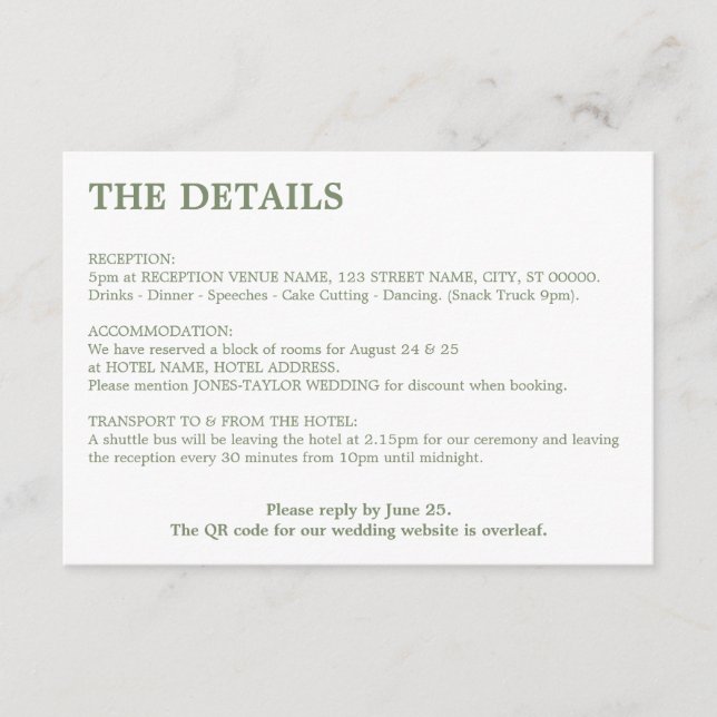 Details zum Hochzeitssaal-Grün-QR-Code Begleitkarte (Vorderseite)