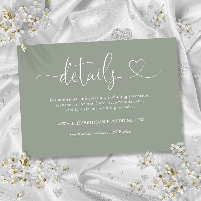 Details zum Hochzeitsschreiben im grünen Herzen Begleitkarte (Sage Green Heart Script Wedding Details Enclosure Card)