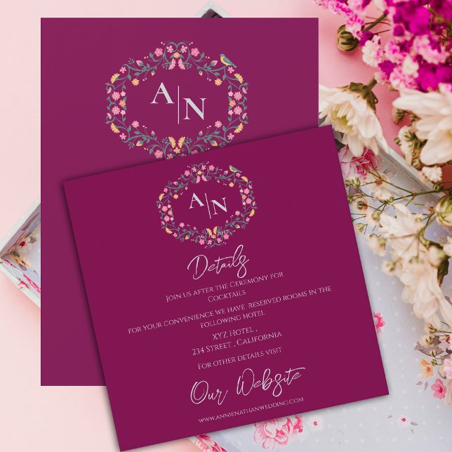 Details zum Hochzeitsschreiben in Monogramm Begleitkarte (Elegant Monogram Floral Frame Wedding Details Enclosure Card)
