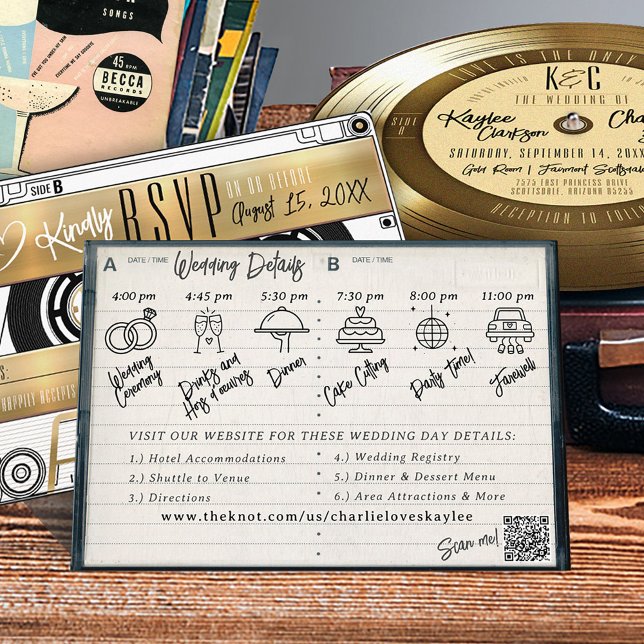 Details zum Hochzeitsszenario für das Retro-Kasset Begleitkarte (Retro Gold Vinyl Record Cassette Tape Case Wedding Invitation Details card, timeline infographic)