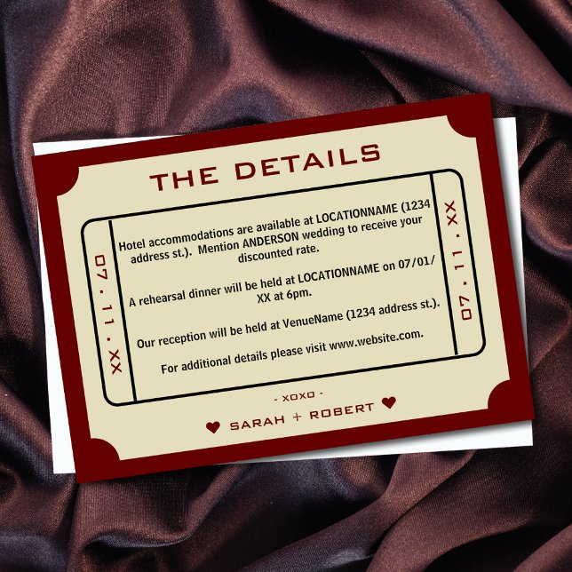 Details zum Hochzeitsticket für Retro-Filme Begleitkarte (Retro Movie Ticket Wedding Details Enclosure Card)