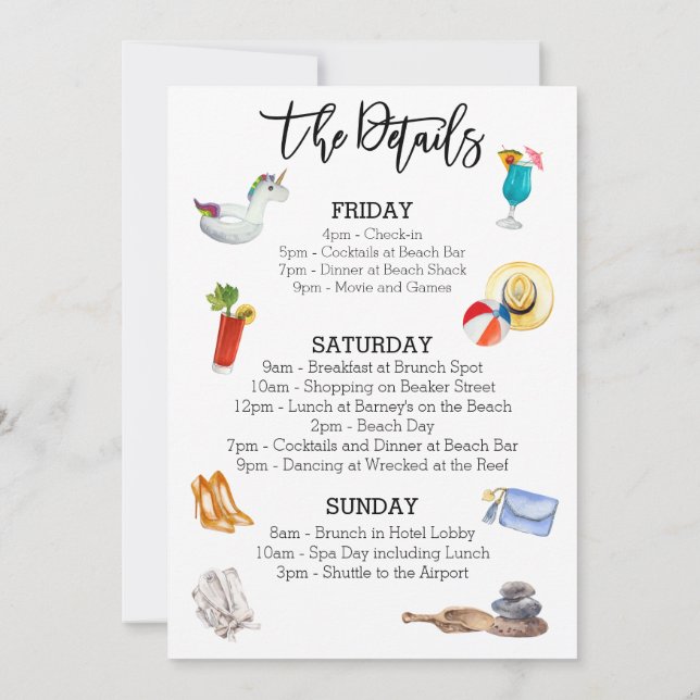 Details zum Junggeselinnen-Abschied Beach Week Einladung (Rückseite)