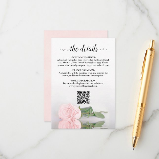 Details zum QR-Code für elegante Rosa Rose Begleitkarte (Vorderseite/Rückseite Beispiel)