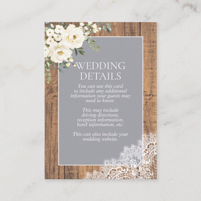 Details zum rustikalen hellgrauen, blühenden Spitz Begleitkarte (Vorderseite)