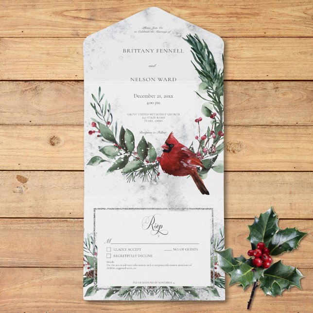 Details zum rustikalen Winterkranz & Roten Kardina All In One Einladung (Rustic Winter Wreath & Red Cardinal Details All In One Invitation)