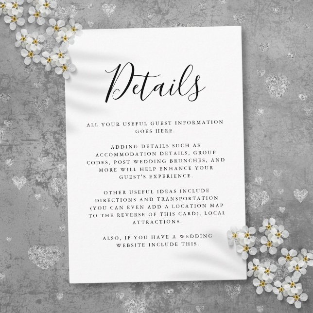 Details zum Schwarzweiß-Gästebuch Begleitkarte (Black And White Guest Information Script Details Enclosure Card)