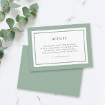 Details zur bearbeitbaren Grenzfarbensehen Begleitkarte<br><div class="desc">Diese moderne klassische Hochzeitsdetails-Karte verfügt über eine bearbeitbare Hintergrundfarbe; um sie von Salbei Grün in die Farbe Ihrer Wahl zu ändern, klicken Sie auf den Knopf Anpassen und ändern Sie die Vorder- und Rückseite. Personalisieren Sie es, indem Sie den Platzhalter-Text ersetzen. Für weitere Optionen, wie zum Beispiel den Schriftart zu...</div>