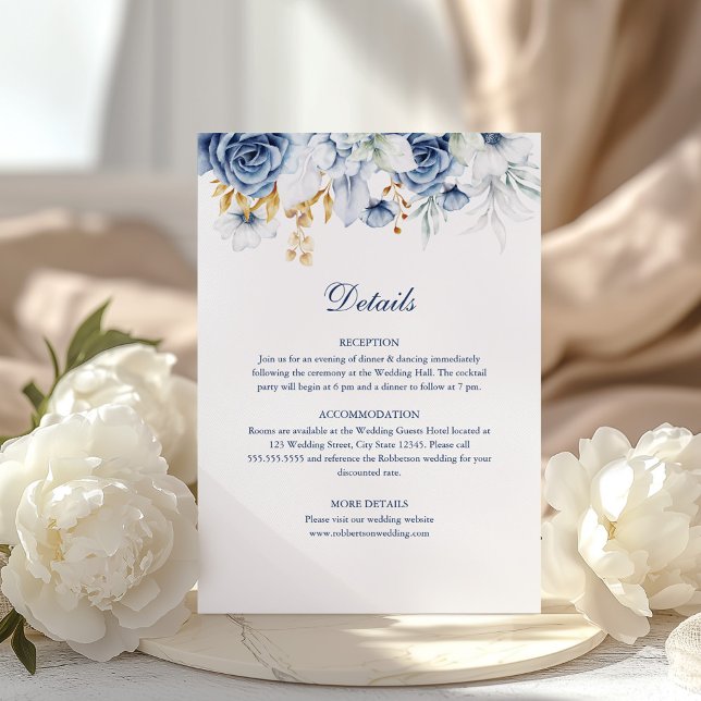 Details zur Blue and Gold Floral Wedding Card Einladung (Blue and Gold Floral Wedding Details Card on a sunny table with white peonies.)