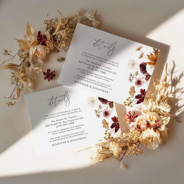 Details zur Botanischen Hochzeit in Burgund Fall Begleitkarte (Fall Burgundy Floral Wedding Details Card)