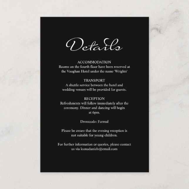 Details zur eleganten Kalligrafie Black Wedding Begleitkarte (Vorderseite)