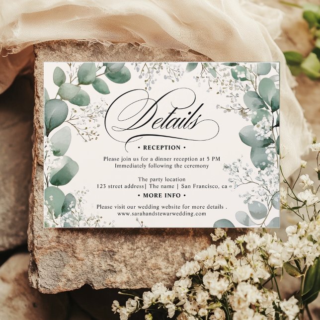 Details zur Eukalyptus Baby-Atem-Hochzeit Einladung (Sage Eucalyptus Baby’s Breath Wedding Details Invitation)