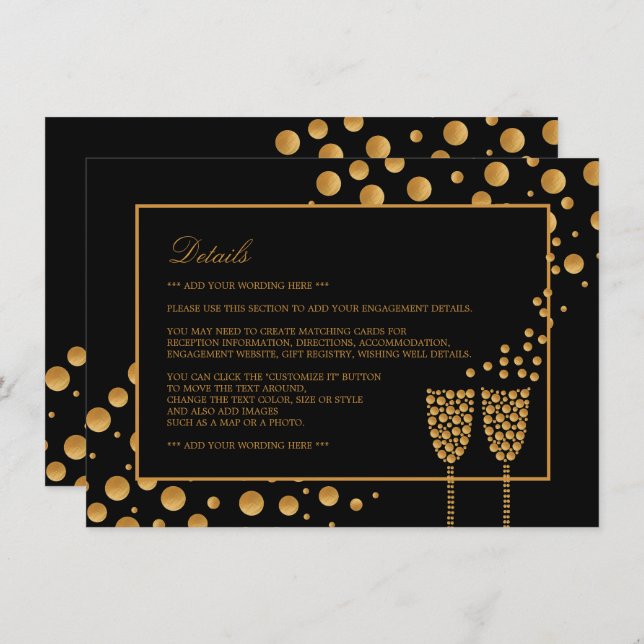 Details zur Gold Champagne Bubbles Engagement Einladung (Vorne/Hinten)