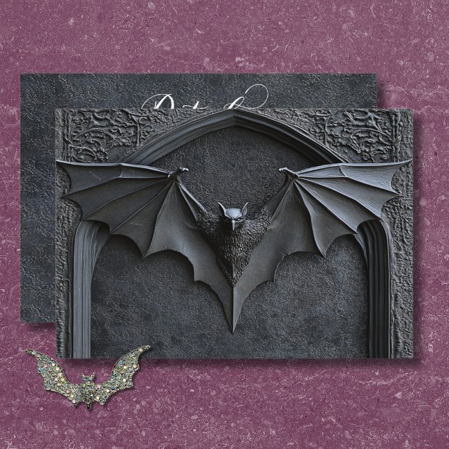Details zur gotischen Halloween-Black Bat & Arch-H Begleitkarte (Gothic Halloween Black Bat & Arch Wedding Details Enclosure Card)