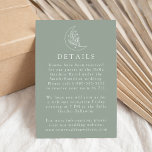 Details zur Hochzeit auf dem Moon und den Sternen Begleitkarte<br><div class="desc">Diese Hochzeitskarte wurde speziell für die Koordination mit unserer Hochzeitskollektion Eleganter Botanischer Mond und Sterne konzipiert. Sie zeigt eine weiße Linie und zeigt einen Mond mit Sternen und Blattwerk auf einem schluchgrünen Hintergrund. Personalisieren Sie die weise grüne Hochzeitskarte mit wichtigen Informationen wie Hotelunterkunft,  Transport,  Empfang Details,  Hochzeitswebsite und mehr!</div>