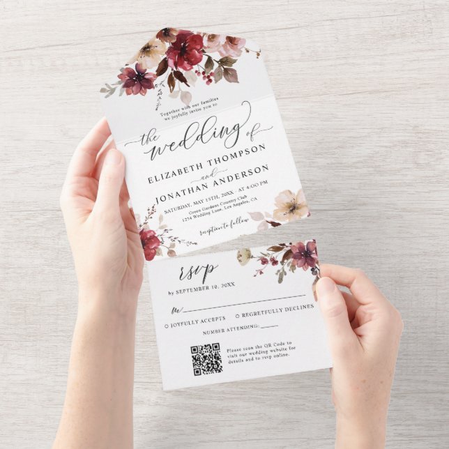 Details zur Hochzeit im Herbst im Burgund-Blush QR All In One Einladung (Abreißen)