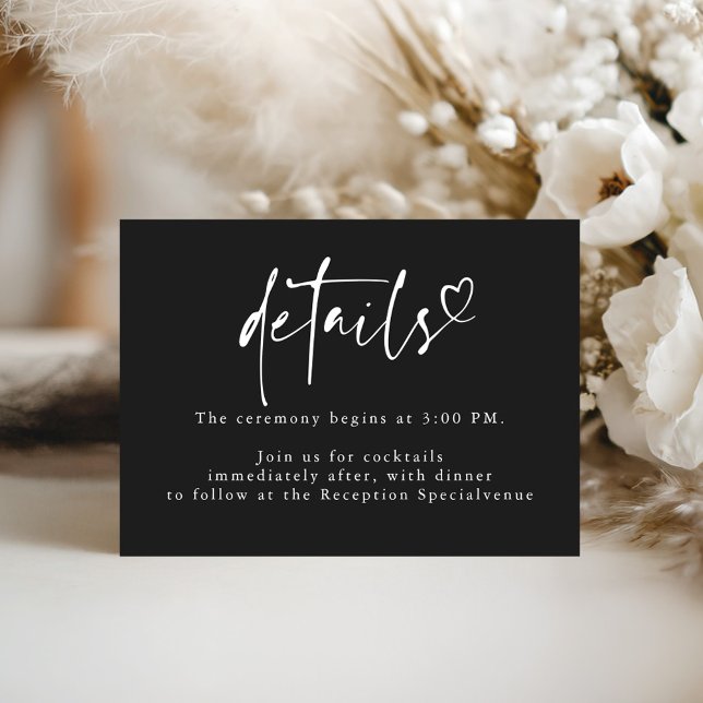 Details zur Hochzeit im Minimalistischen Herzen vo Begleitkarte (Minimalist Black Wedding Details Card)