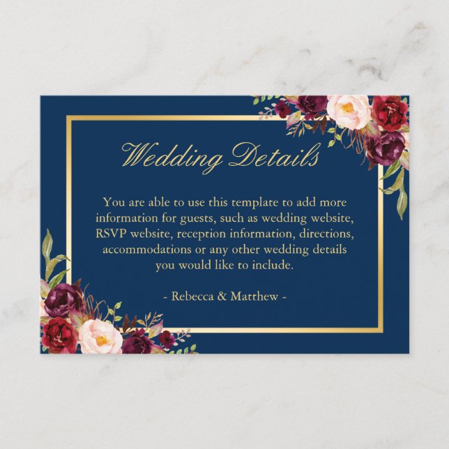 Details zur Hochzeit in Burgundy Floral Gold Navy Begleitkarte (Vorderseite)