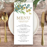 Details zur Hochzeit in der Eukalyptus-Gold-Zweigs Menükarte<br><div class="desc">Elegante Speisekarte mit schönen Blätter und moderner Typografie.</div>