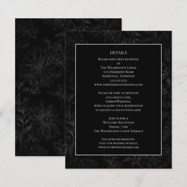 Details zur Hochzeit in einem eleganten Schwarzen  Begleitkarte (Vorne/Hinten)