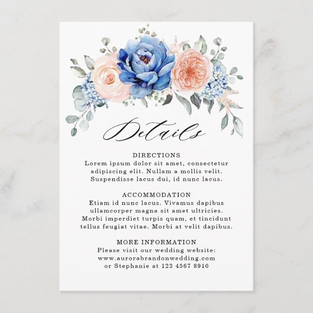 Details zur Hochzeit in Navy Blue Slate Dusty Blus Begleitkarte (Vorderseite)